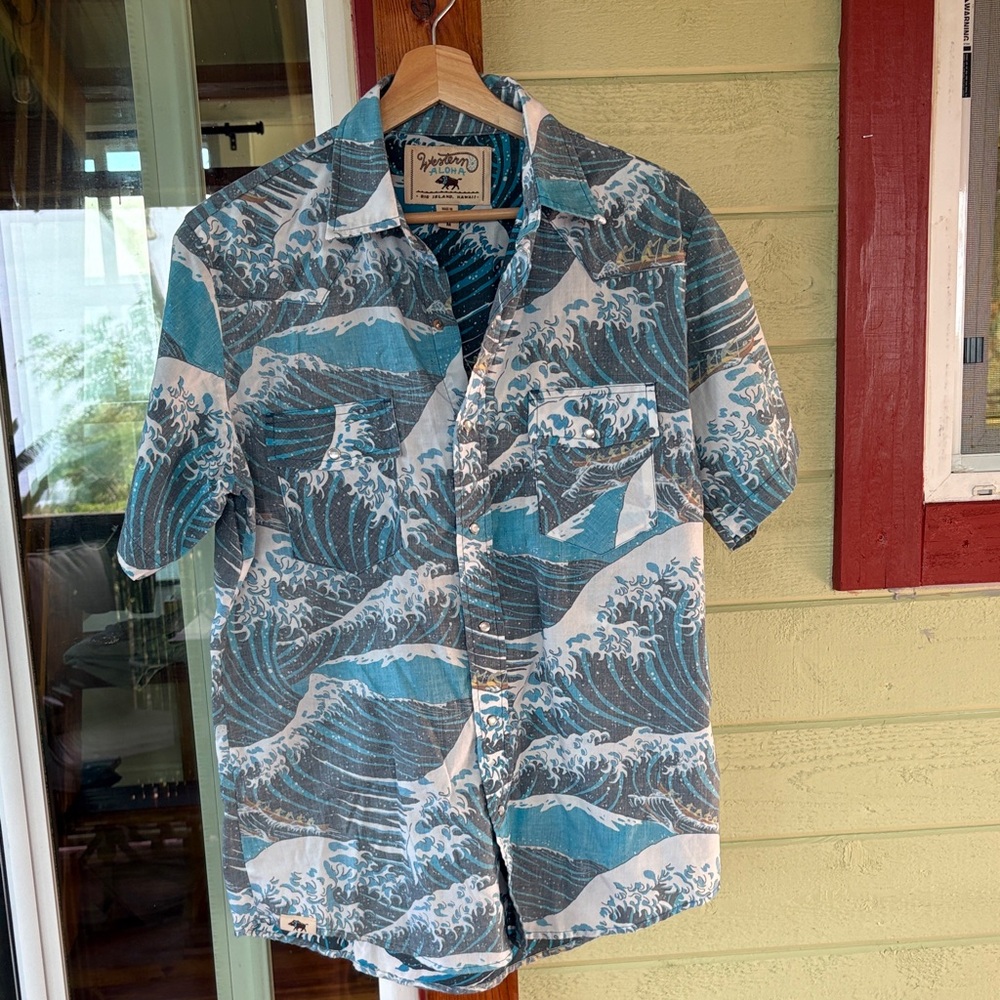 Men's Casual Short-Sleeve Button-Down Shirt - Wave Print Blue
